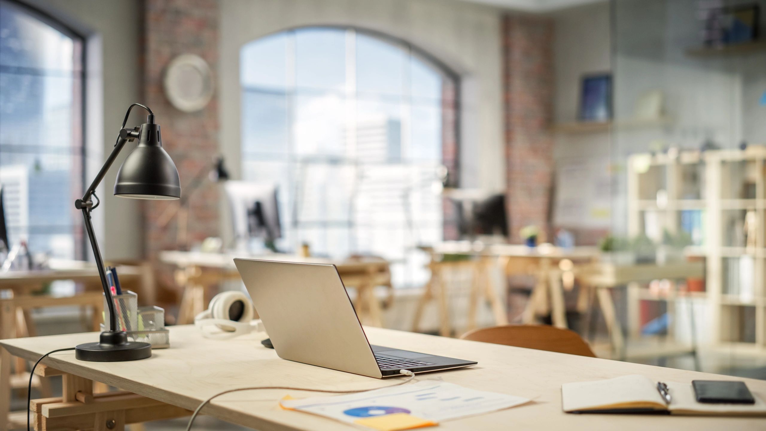 Modern office setting for corporate merchandise use